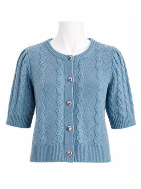 Size XS Kaily K Women’s Cable Knit Short Sleeve Cardigan Floral Buttons Blue